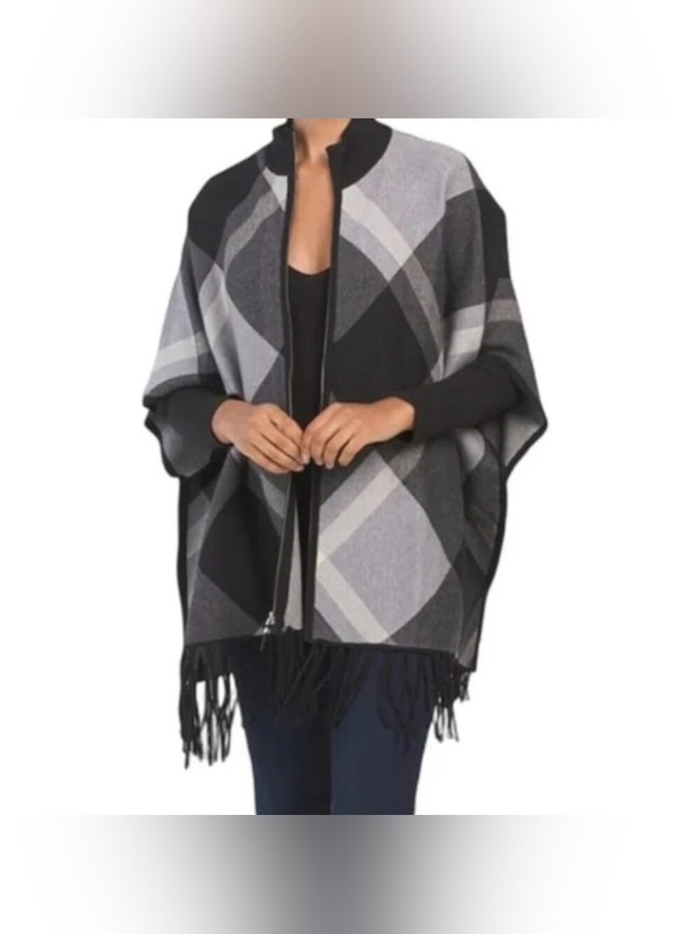 Rachel Zoe Charcoal and Light Gray Check Poncho